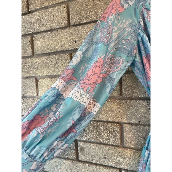 Vintage-Inspired Floral Print Button-Up Dress With Lace Trim & Tie Waist - Picture 2 of 9